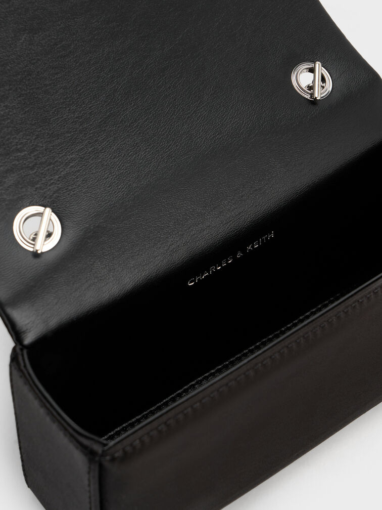 حقيبة ساتان بحزام ومقبض سلسلة وإبزيم كريستالي, أسود كلاسيكي, hi-res