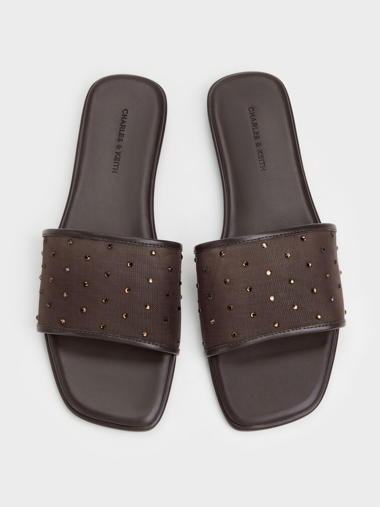 Mesh Crystal Slide Sandals, Dark Brown Textured, hi-res
