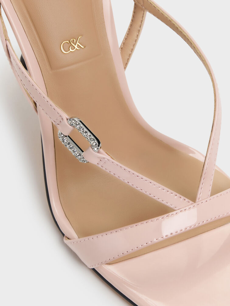 Patent Leather Crystal-Buckle Ankle-Strap Heels, Pink, hi-res