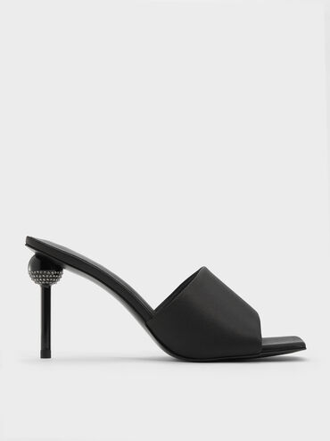Satin Crystal Ball-Heel Mules, Black Textured, hi-res