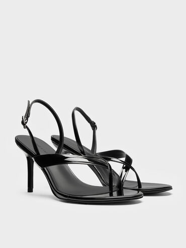 Patent Stiletto Thong Sandals, Black Patent, hi-res
