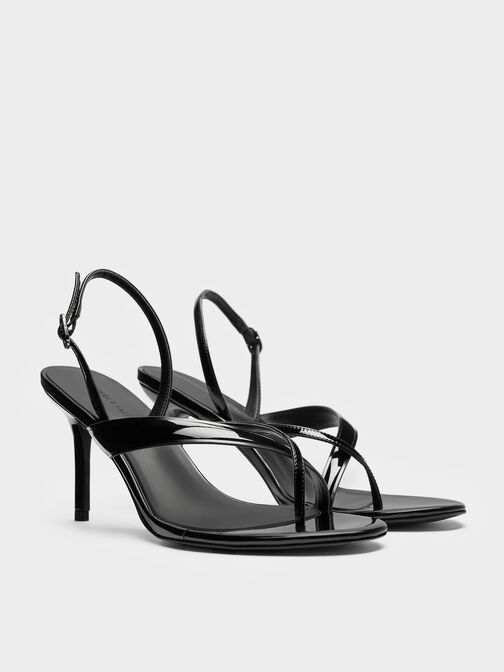 Patent Stiletto Thong Sandals, Black Patent, hi-res
