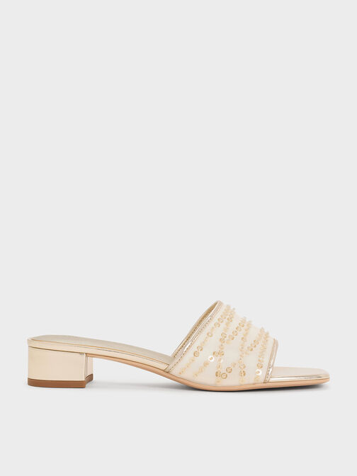 Mesh Metallic Sequinned Block-Heel Mules, Gold, hi-res