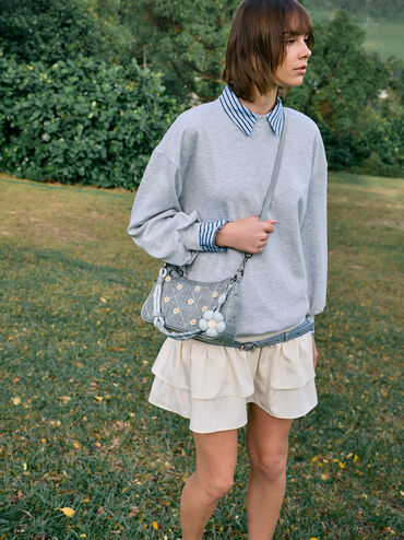 Philomena Raffia Flower Crossbody Bag, Misty Blue, hi-res