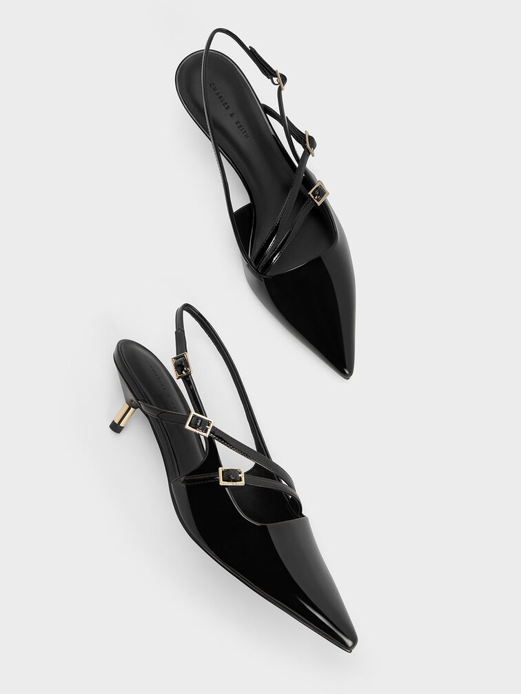 Patent Pointed Slingback Kitten Heels, Black Patent, hi-res