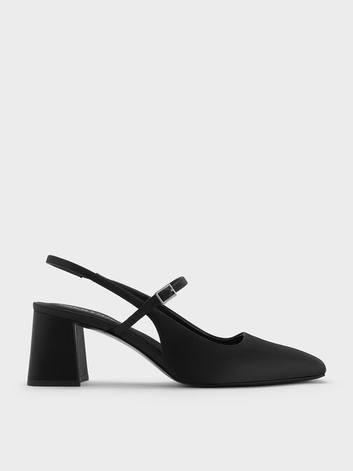 Square-Toe Mary Jane Slingback Pumps, Black Textured, hi-res