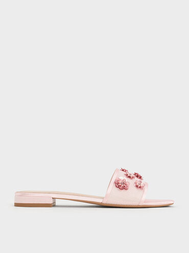 Mesh & Satin Sequin-Flower Slide Sandals, Pink, hi-res