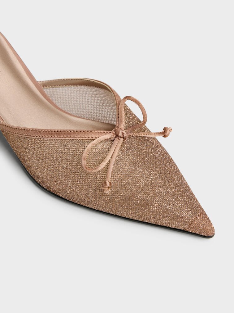 Glittered Mesh Bow Kitten Heels, Brown, hi-res
