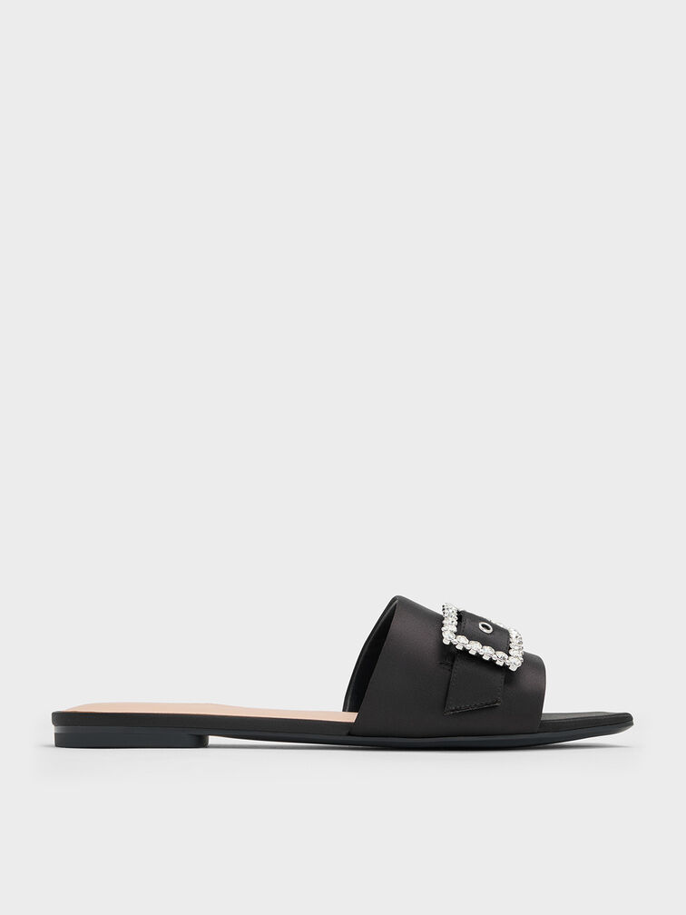 Gem Slide Sandals, Black Textured, hi-res