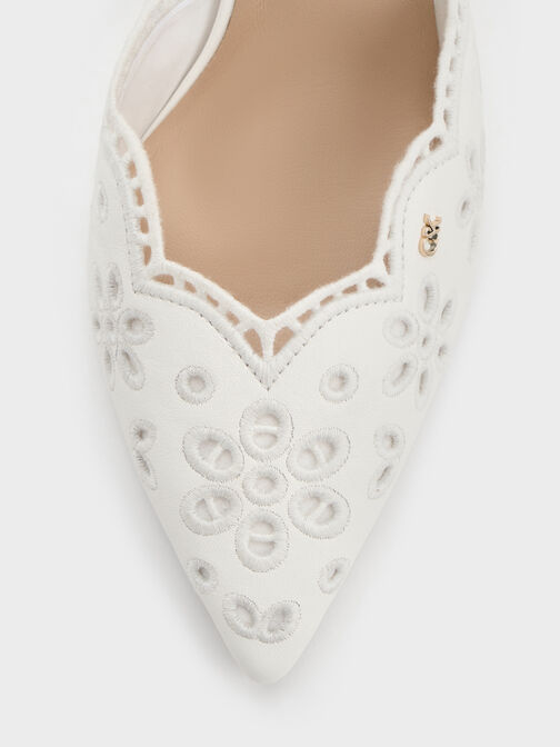 حذاء كعب جلد مطرز بمقدمة مدببة وحزام خلفي, أبيض, hi-res