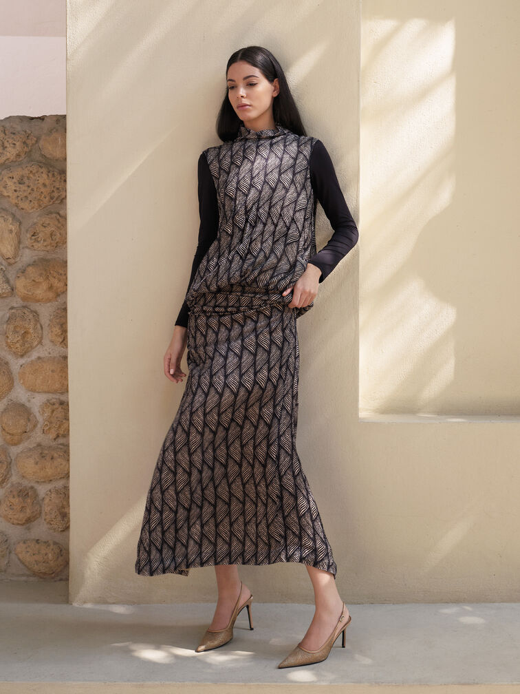 حذاء كعب عالي مدبب من القماش الشبكي اللامع, بني, hi-res