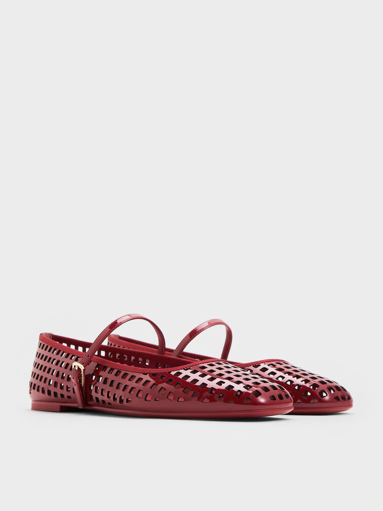 Patent Perforated Mary Jane Flats, Red, hi-res