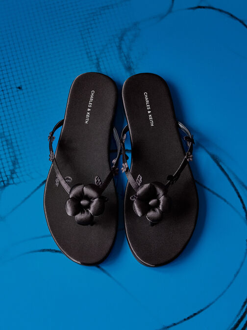 Puffy Flower Thong Sandals, Black Textured, hi-res