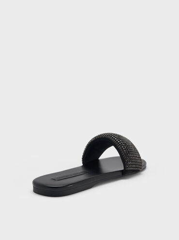 Faux Suede Crystal Slide Sandals, Black Textured, hi-res