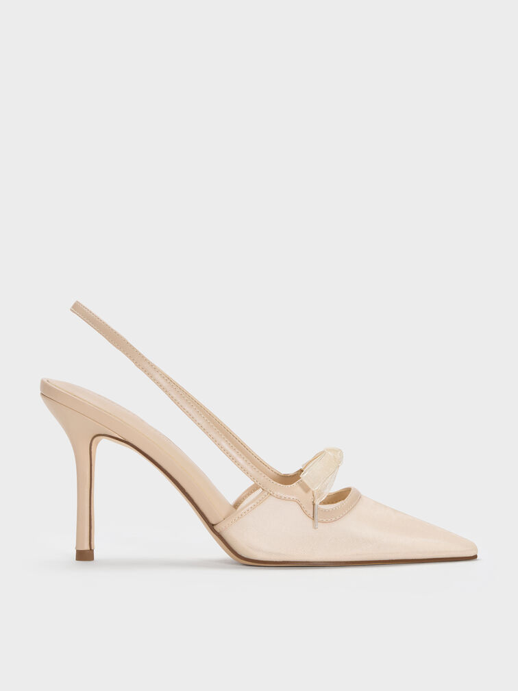 Venetia Mesh Bow Pointed Slingback Pumps, Nude, hi-res