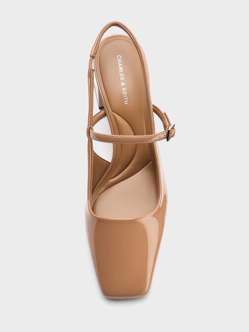 Patent Square-Toe Mary Jane Slingback Pumps, Caramel, hi-res