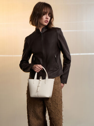 شنطة دلو بريل بجلد معاد تدويره بيد مزدوجة, كريمي, hi-res