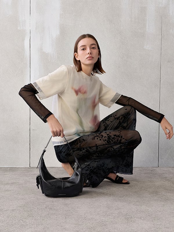 Noir Bessie Side-Pocket Hobo Bag - CHARLES & KEITH